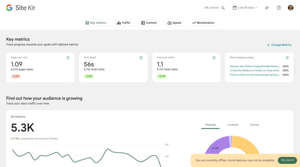 The currently offline message as seen on the Site Kit dashboard