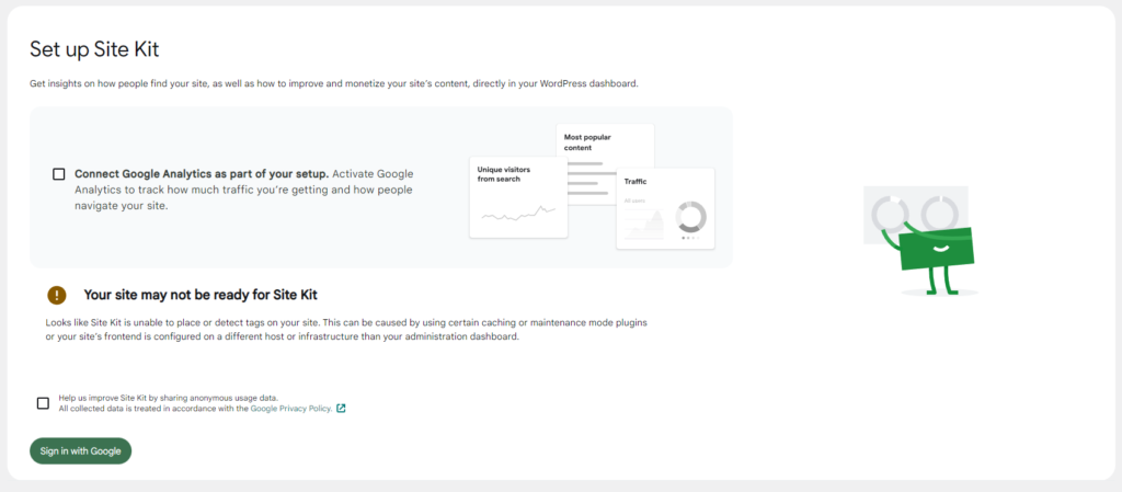 A warning that Site Kit can&rsquo;t place tags on your site, prior to setting up the plugin