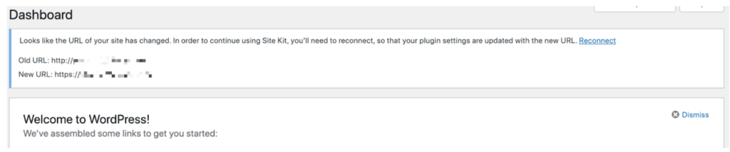 A screenshot of a message on the WordPress Dashboard stating &ldquo;Looks like that URL of your site has changed. In order to continue to use Site Kit, you&rsquo;ll need to reconnect, so that your plugin settings are updated with the new URL.&rdquo;
