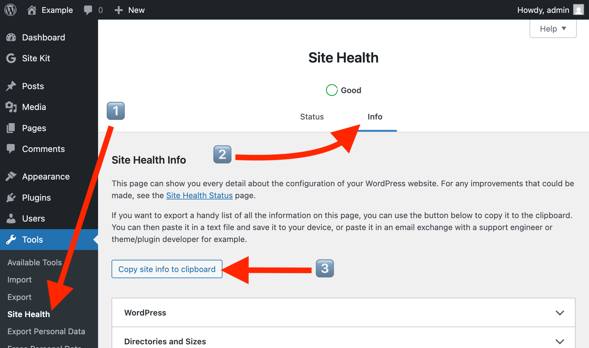 The Site Health info screen