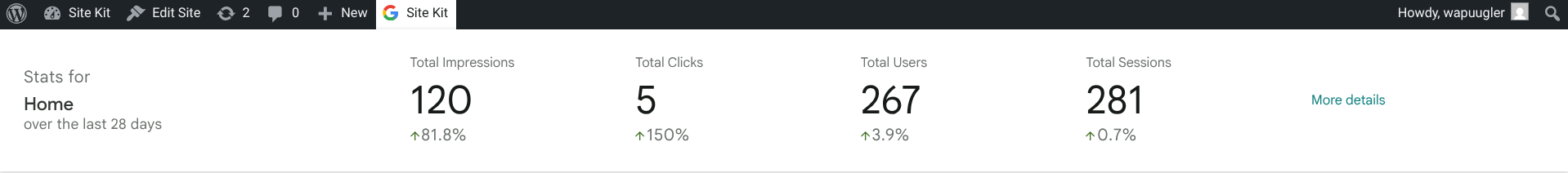 The Site Kit admin bar displayed