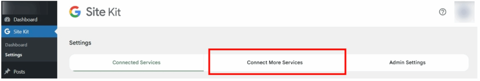 The Connect More Services tab on the Site Kit settings page