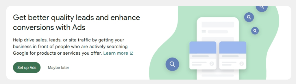 A screenshot of the Google Ads banner on the main Site Kit dashboard
