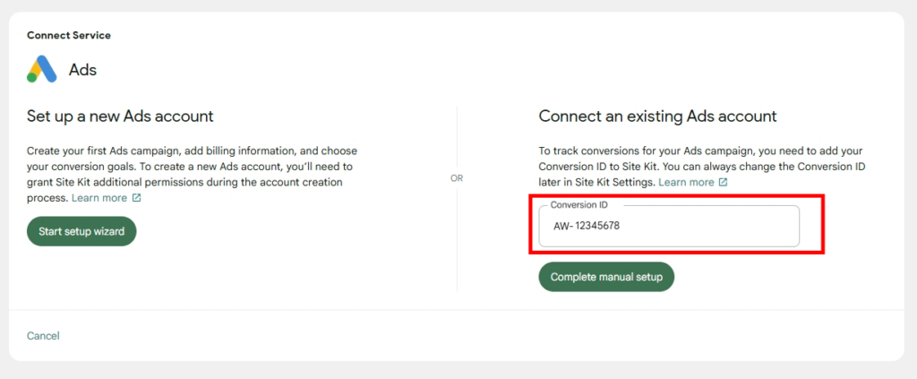 Entering your Conversion Tracking ID

